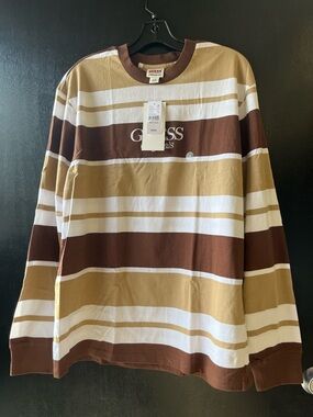 GUESS Men's Brown, Tan & White Striped Long-Sleeve Tee